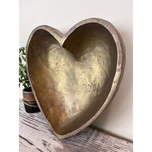 Charming Vintage Hand Carved Wooden Heart Bowl Gold Painted 13”x12”